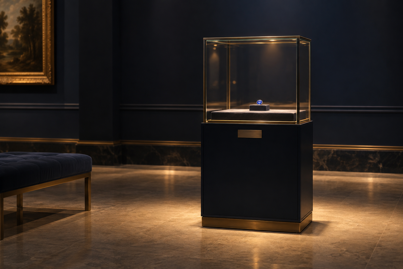 A blue sapphire displayed in a glass cabinet at Bellweather Museum.